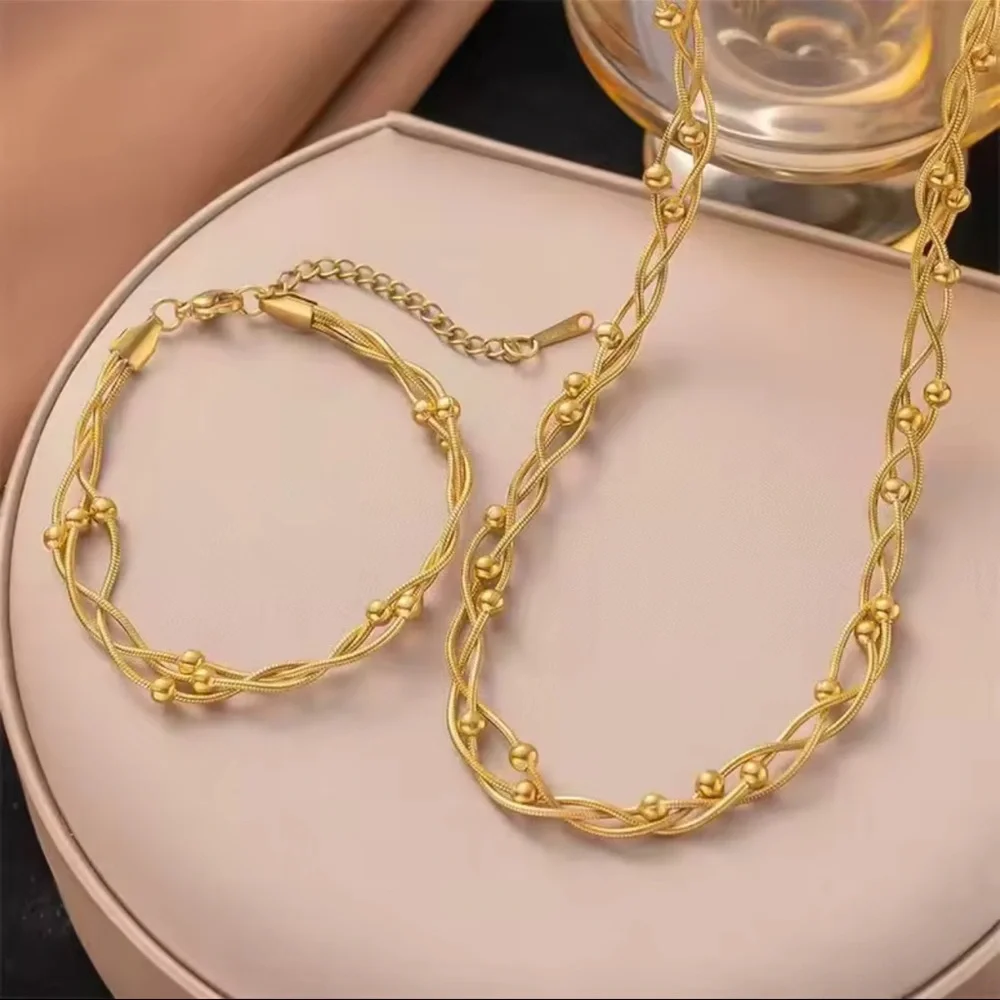18K Gold plated Bead Winding Chain Necklace Bracelets Set Stainless Steel